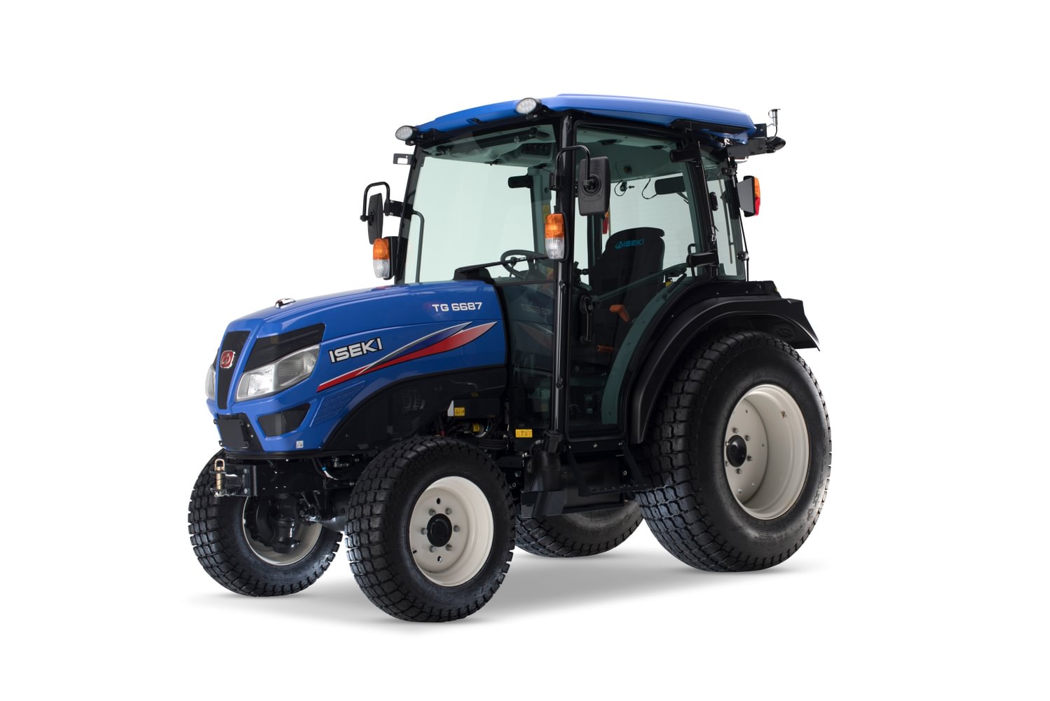 Blauwe iseki mini tractor met cabine
