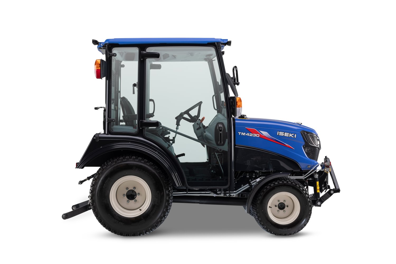 Blauwe mini tractor met cabine